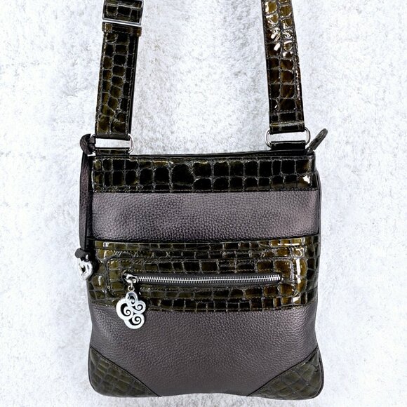 BRIGHTON Pewter Pebble Faux Patent Croc Leather Adjustable Strap Crossbody - Picture 2 of 15